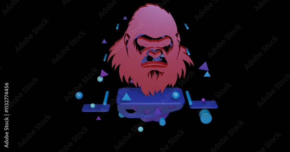 Poster red gorilla head symbol on a pedestal of abstract geometric shapes floating in the air. abstract con