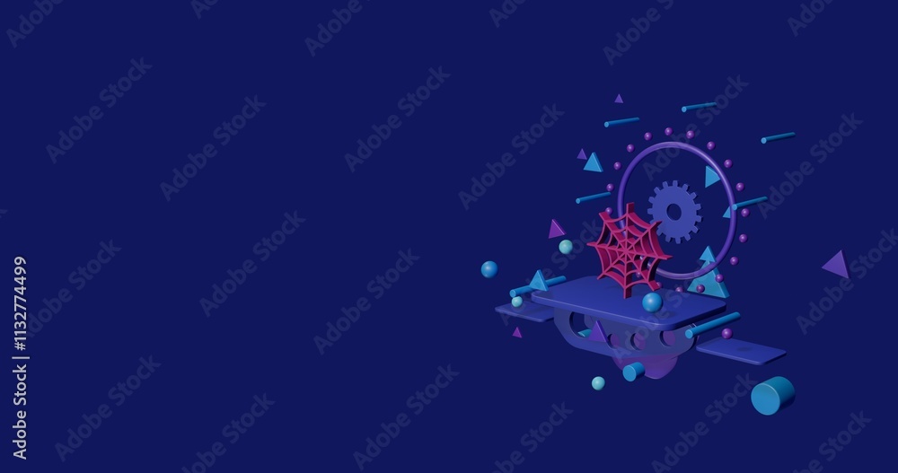 Poster pink spider web symbol on a pedestal of abstract geometric shapes floating in the air. abstract conc