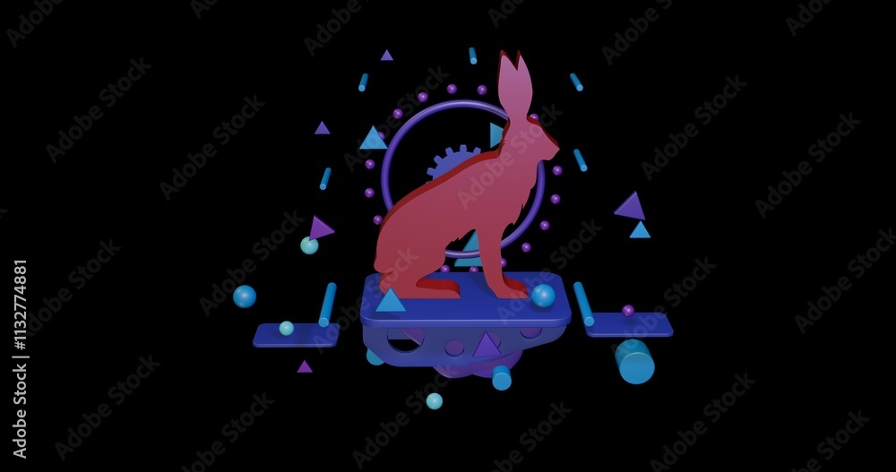 Poster red hare symbol on a pedestal of abstract geometric shapes floating in the air. abstract concept art