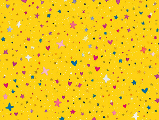 A vibrant yellow background filled with colorful stars and hearts, perfect for fun designs.