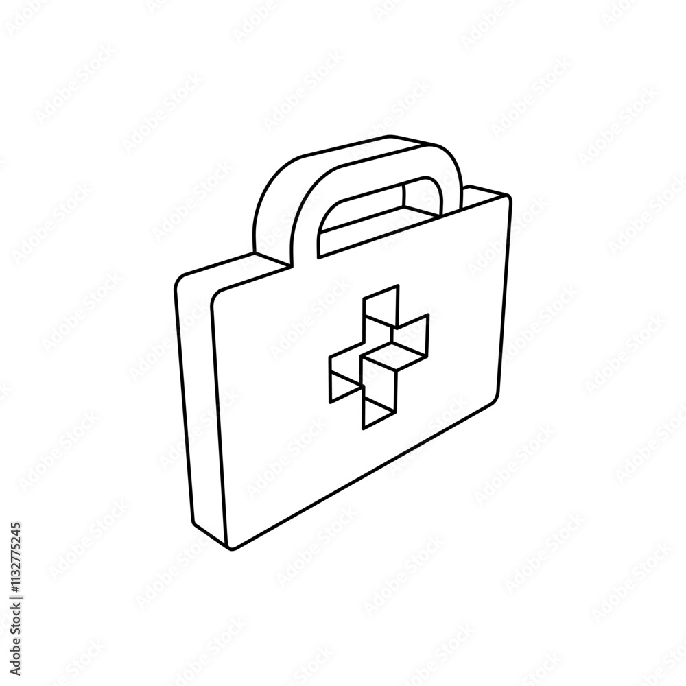 Poster the outline of a large first aid symbol is made with black lines. 3d view of the object in perspecti