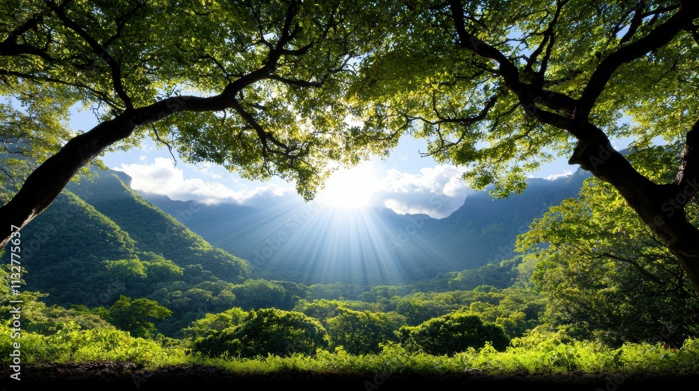 Poster sunlight filtering through lush forest on rolling hills