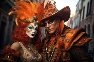 Striking carnival couple in ornate orange and gold masquerade attire