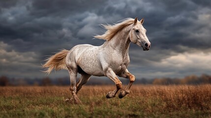 Obraz premium Pale Horse Galloping Across Autumnal Field Under Stormy Sky