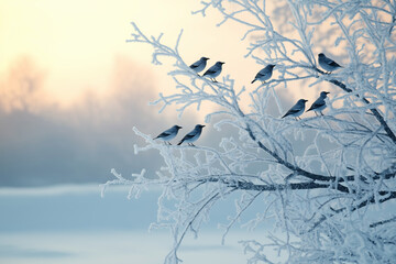 Sparrows perched on frosty branches during a serene winter morning. Generative AI