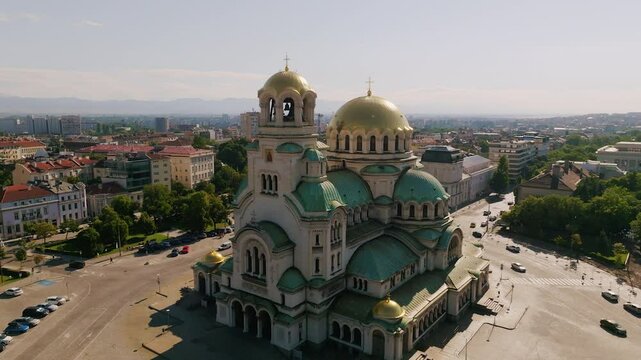4K drone, aerial shot  St. Alexander Nevsky Cathedral in Sofia, Bulgaria, religious building, iconic church landmark, Orthodox Christian architecture, Byzantine heritage, cultural, historical monument