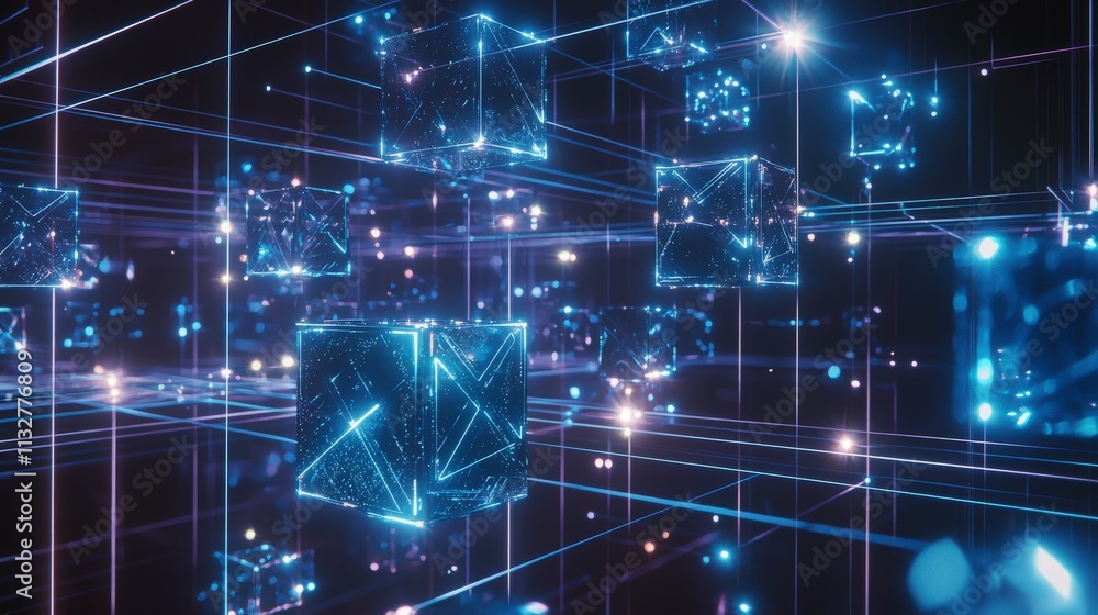 Poster Floating blockchain-inspired design visualization in digital space for technology and innovation concepts