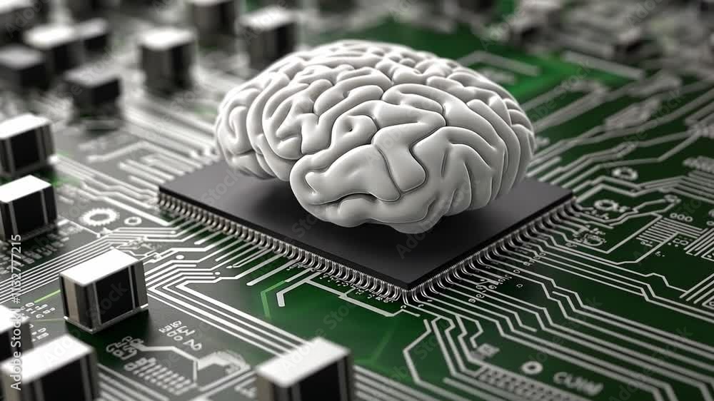 Poster a brain-like structure on a circuit board showcasing innovative biocomputer design