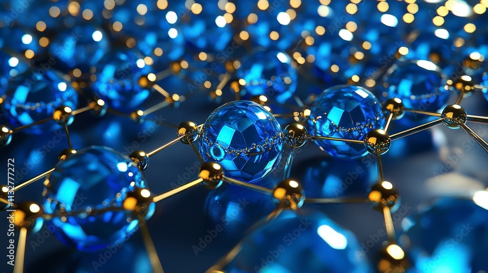 Poster high-tech mesh of glowing blue spheres connected by golden links virtual laboratory 3d render futuri