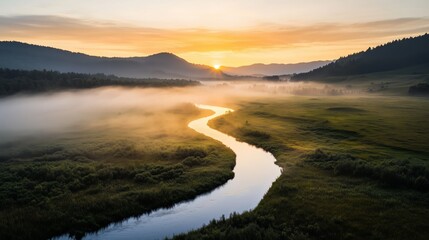 Serene Sunrise Over Misty River Valley in Mountain Landscape