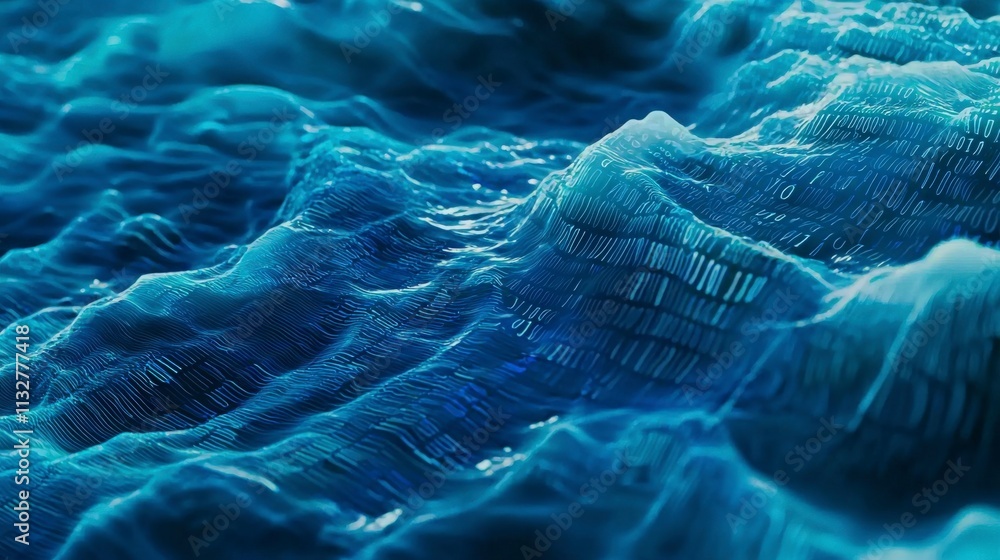 Poster Dynamic wavelike structure of glowing binary code in virtual ocean digital art deep learning futuristic viewpoint