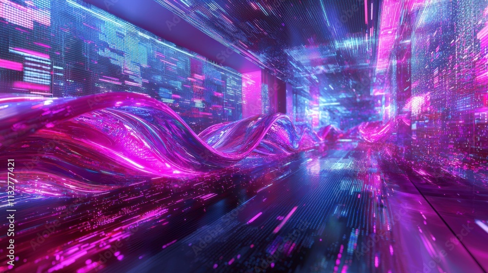 Poster Exploring a virtual reality environment dynamic abstract waves digital space 3d visualization futuristic immersive experience