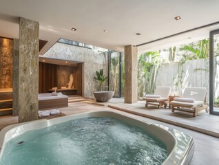 Modern stone marble spa interior with jacuzzi and green plants