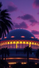 Obraz premium A captivating image of a futuristic building illuminated by vibrant blue and red lights against a dark sky. Perfect for sci-fi, technology, and cyberpunk-themed designs.