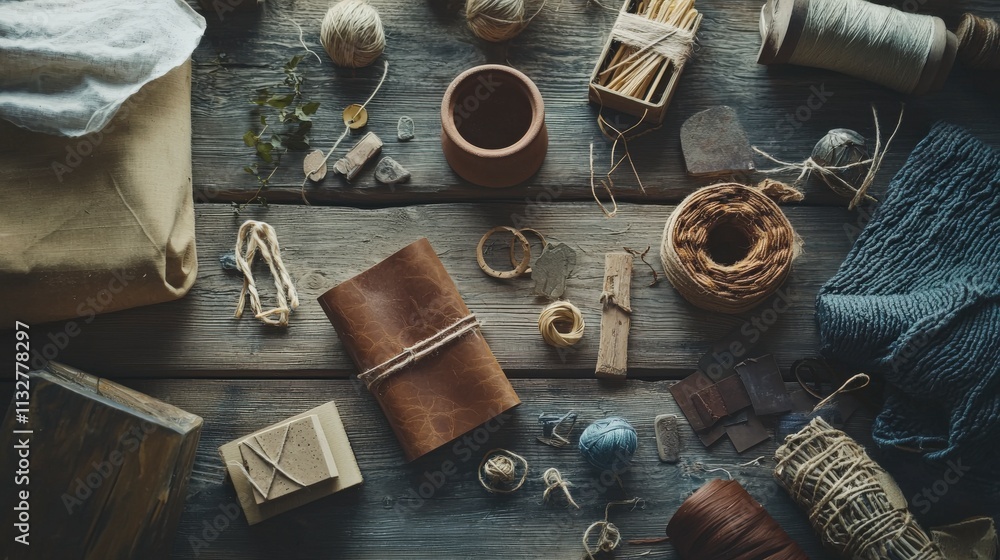 Aufkleber Artisan crafting action natural handmade materials flat lay rustic workshop overhead view creativity unleashed