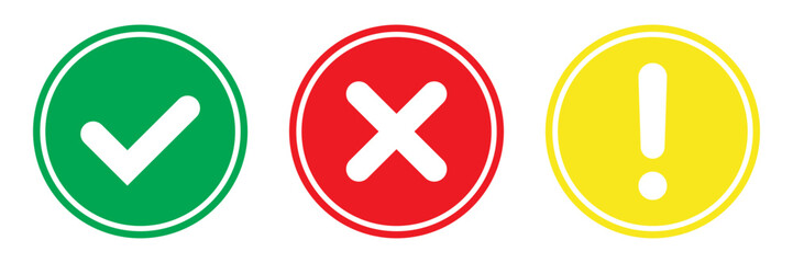 Right and wrong symbol, Exclamation mark sign. Set of flat round check mark, X mark icons, exclamation point.