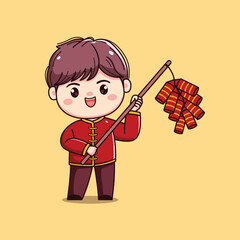 Cartoon Character in Traditional Red Outfit chinese new year with firecrackers