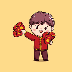Cartoon Character in Traditional Red Outfit chinese new year by bringing red packets