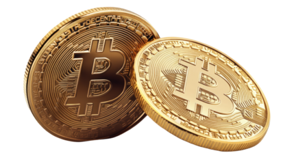 Bitcoin: Two golden Bitcoin coins, side by side, symbolizing the digital currency's value and potential for growth.  