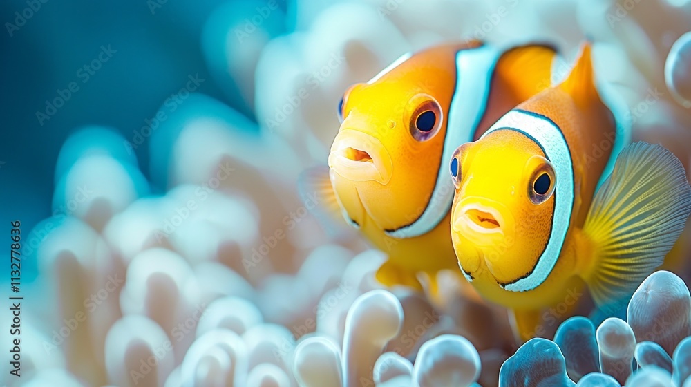 Poster in a mesmerizing underwater realm, two vibrant clownfish navigate playfully through swaying coral, t