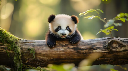 Obraz premium Baby panda climbing on a log, using its tiny paws, displaying both innocence and a playful personality in the forest.