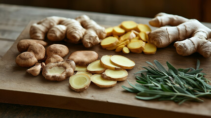 Fototapeta premium Fresh ginger and turmeric roots with green leaves