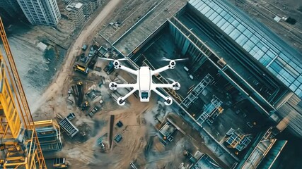 Drone Surveying Construction Site: Aerial view of a drone flying over a large construction site, providing a unique perspective on the ongoing development.