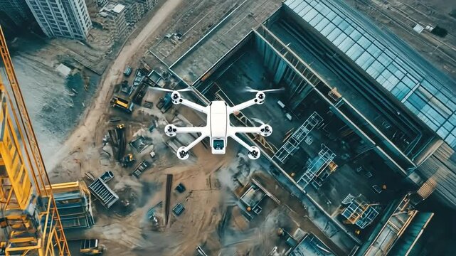 Drone Surveying Construction Site: Aerial view of a drone flying over a large construction site, providing a unique perspective on the ongoing development.