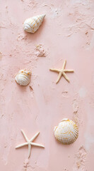 A serene arrangement of seashells and starfish on a pastel pink background.