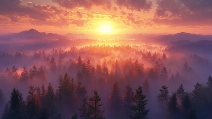 Obraz premium Sunrise Over Foggy Mountains And Coniferous Forest
