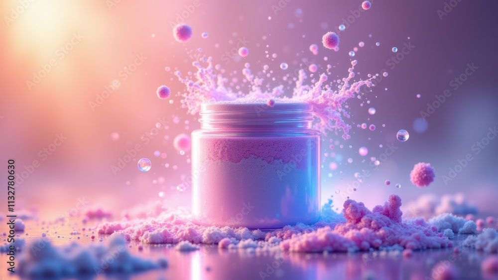 Poster a jar filled with colorful sparkling powders.