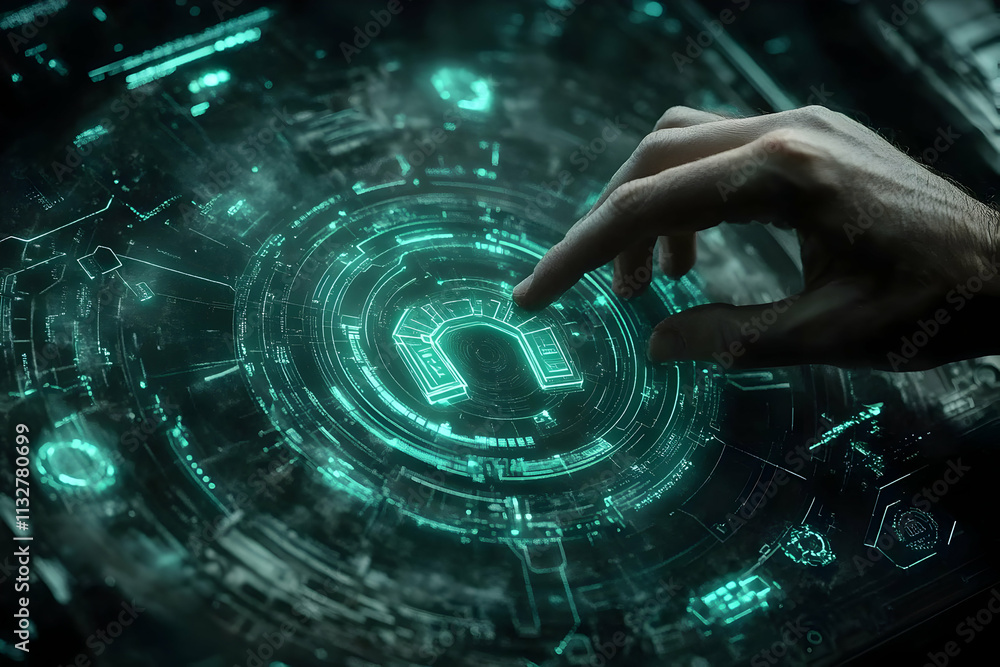 Poster hand interacts with futuristic holographic interface showing gateway symbol.