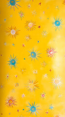 A vibrant yellow background adorned with colorful sunburst patterns.