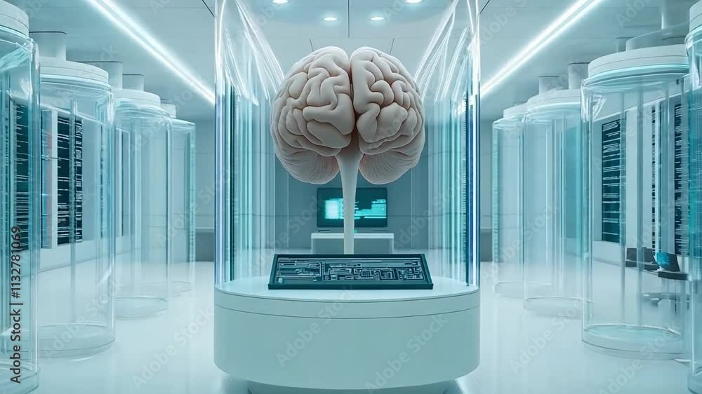 Poster biocomputer in a futuristic research facility featuring a brain-like structure and advanced technolo