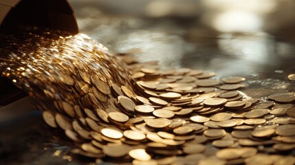 Obraz premium Dynamic shot of coins flowing like a river into a model home, symbolizing wealth channeled into real estate