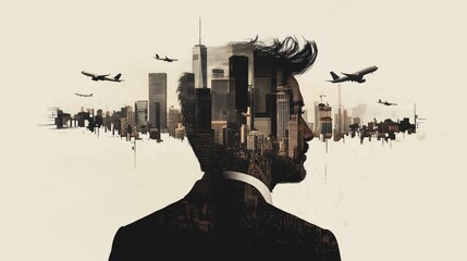 Obraz premium Profile of a Man with Cityscape and Airplanes in Background