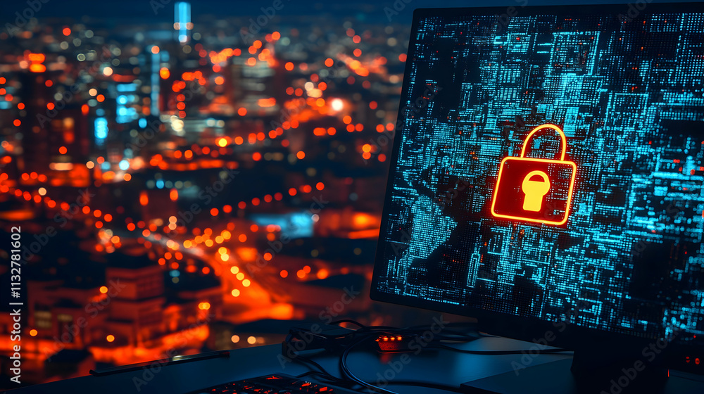 Poster night city backdrop with computer displaying digital lock security icon.