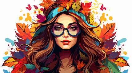 Naklejka premium Vibrant Smiling Hippie Girl with Colorful Leaves - Trendy Portrait Photography