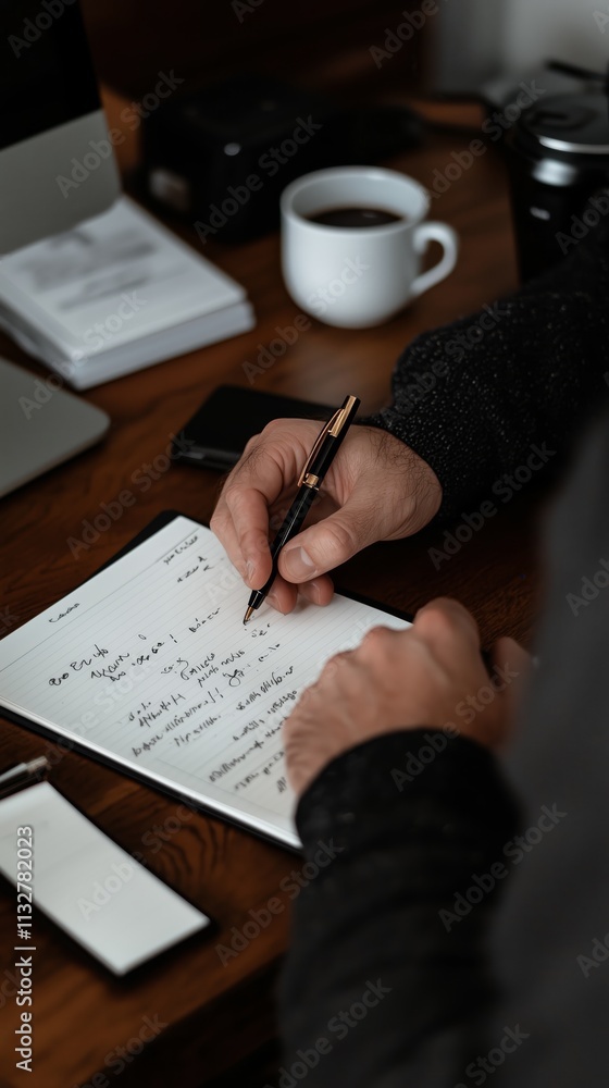Poster note-taking session in modern workspace with coffee and computer