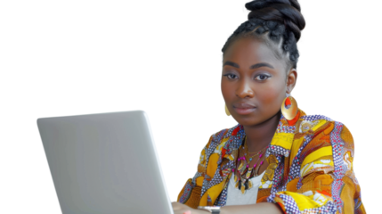 African young female Employee IT specialist sit at work with laptop on white background	