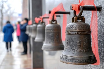 Obraz premium Chinese New Year temple visit concept. Bells hanging with red ribbons in a serene outdoor setting.