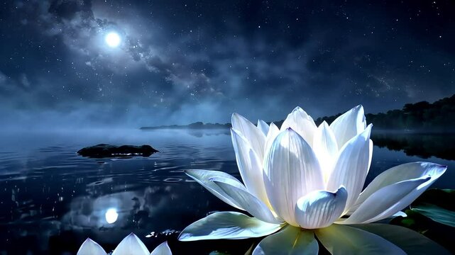 Moonlight shimmering on water creates a peaceful ambiance, while blooming lotus flowers in the foreground enhance the serene beauty of the nighttime scene