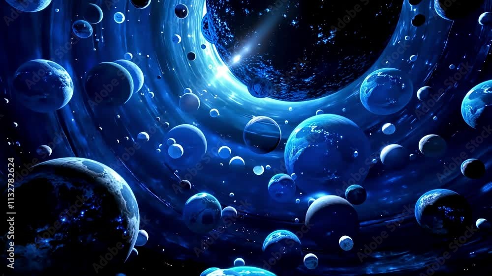 Poster swirling planets and bubbles around a black hole create an immersive and mesmerizing visual spectacl