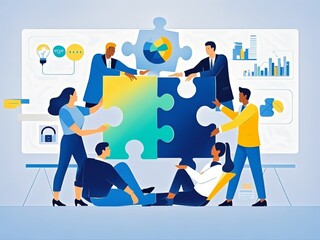 Obraz premium teamwork analyst problem and solution illustration business.business man,workers cooperation.picture puzzle jigsaw idea