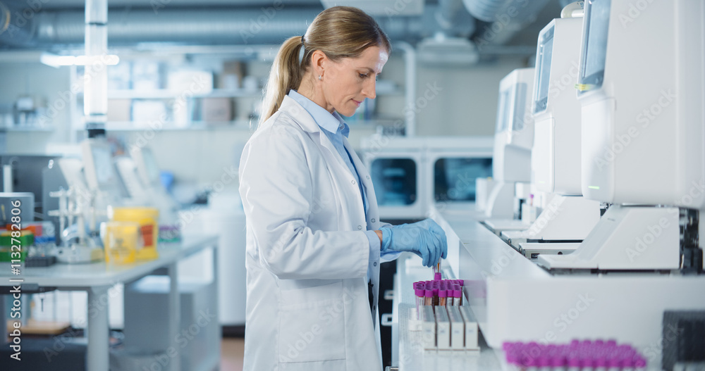 Poster Portrait of a Female Lab Scientist at Work in a Modern Medical Research Facility. Bioengineer in a White Coat Handling Test Tubes and Putting Them Inside an Advanced Machine for Analysis