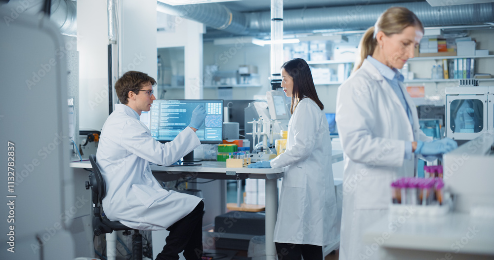 Poster Multidisciplinary Research Team Working on Vaccine Development in a Medical Laboratory with Advanced Equipment. Female and Male Scientists Analyze Data on Computer, Talk and Handle Samples