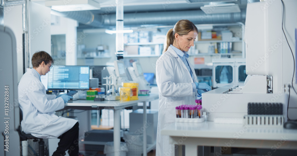 Aufkleber biomedical researchers conduct experiments in a modern laboratory. female scientist preparing a set 