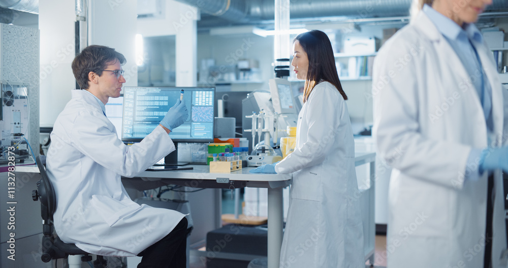 Poster diverse research team working on vaccine development in a medical laboratory with advanced equipment