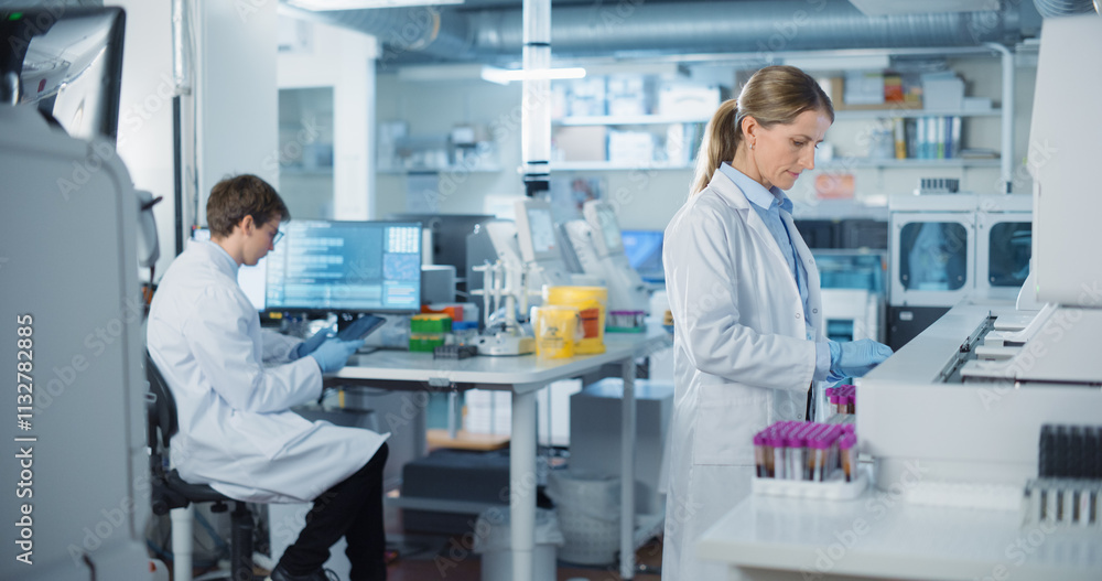 Poster Biomedical Researchers Conduct Experiments in a Modern Laboratory. Female Scientist Preparing a Set of Samples in Test Tubes with Purple Caps. Colleague Analyzes Data on a Computer in the Background