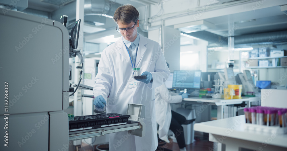 Leinwandbilder Scientist in White Lab Coat Operates Advanced Testing Equipment in Modern Laboratory. Handling Samples and Analyzing Data on a Computer. Researcher Working with Colleagues in a High-tech Environment